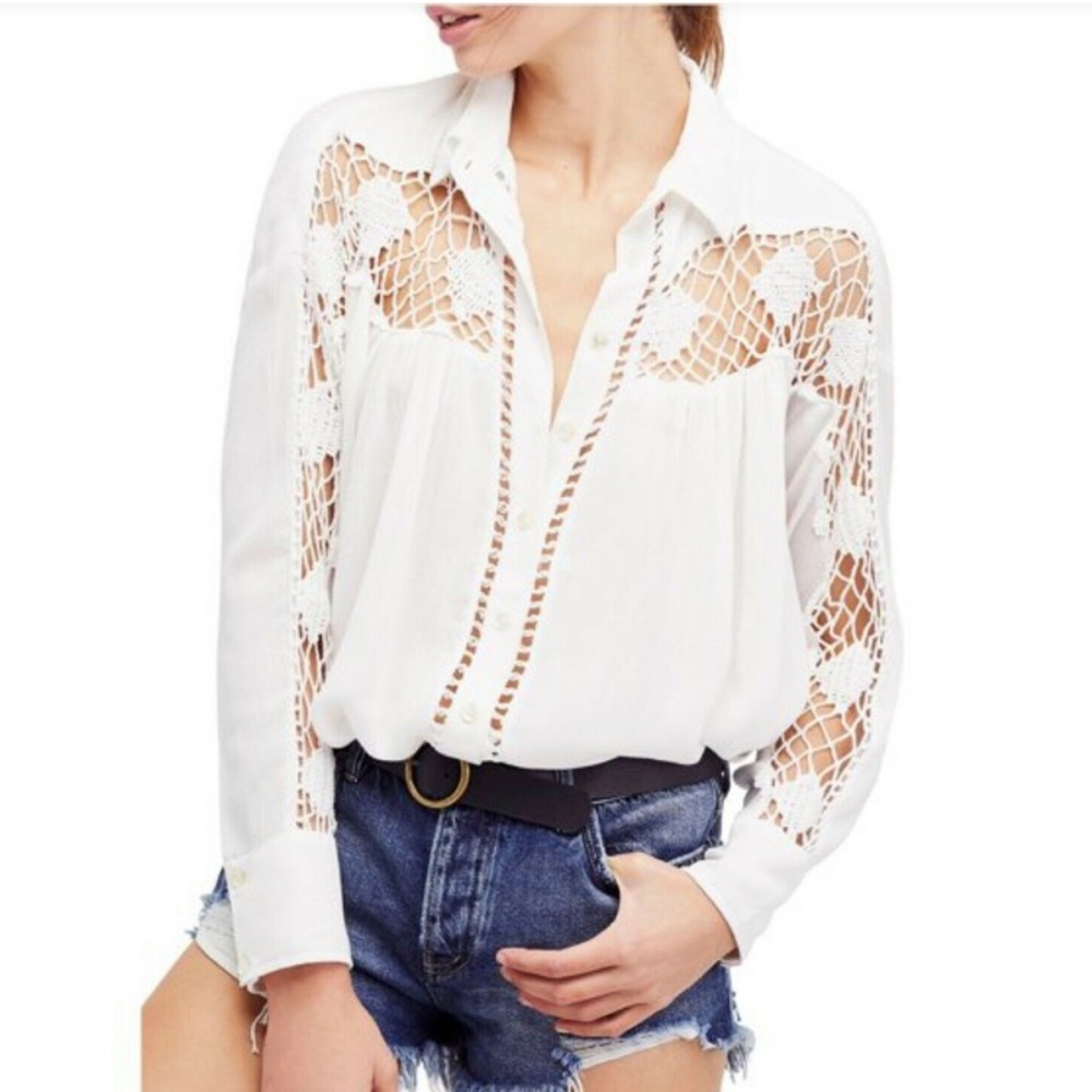 Free People Katie Bird White Medium Button Front Blouse Crochet Detail